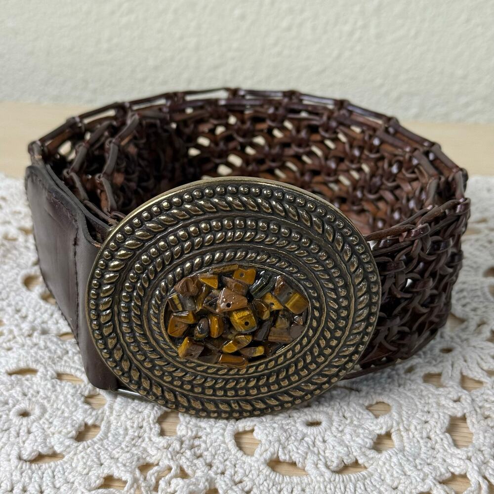 Brown Woven Leather Oval Buckle Belt Western Southwestern Cowgirl Fairy Boho